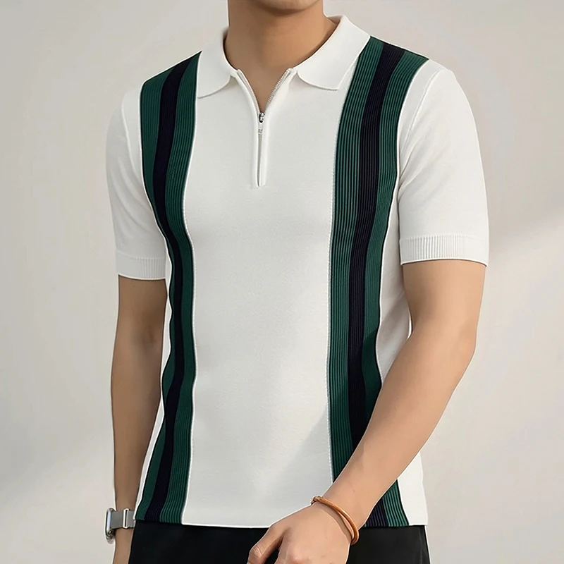 CHCH Men's Short Sleeve British Street Style Hollow Design Men's Short Sleeve Splicing Half Zipper Design Men's Short Sleeve
