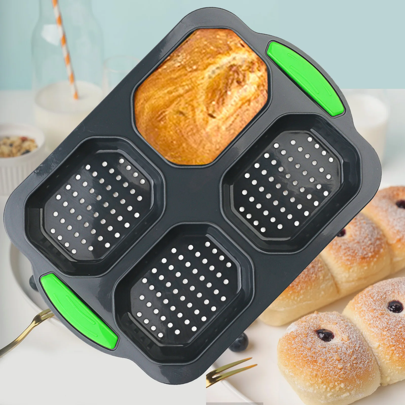 Forma de silicone para assar pão com 4 cavidades, molde para baguete, fácil desmoldagem, forma para assar bolo com duas alças, ferramenta doméstica para fazer pão DIY.