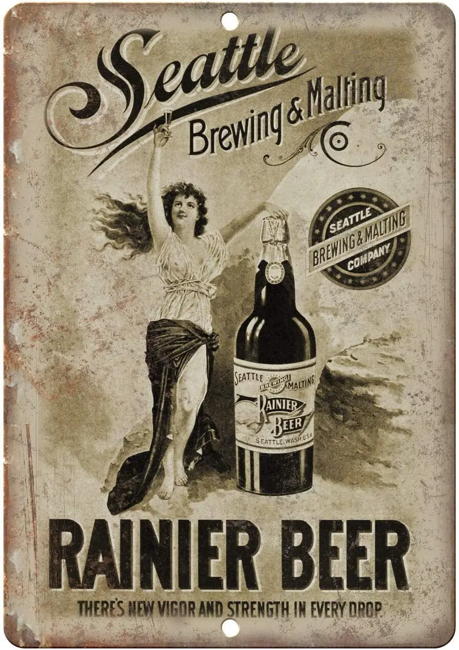 Seattle Brewing ; Malting Rainier Beer Theme Metal Tin Sign Wall Decor Kitchen Garage Bar Home-aluminum