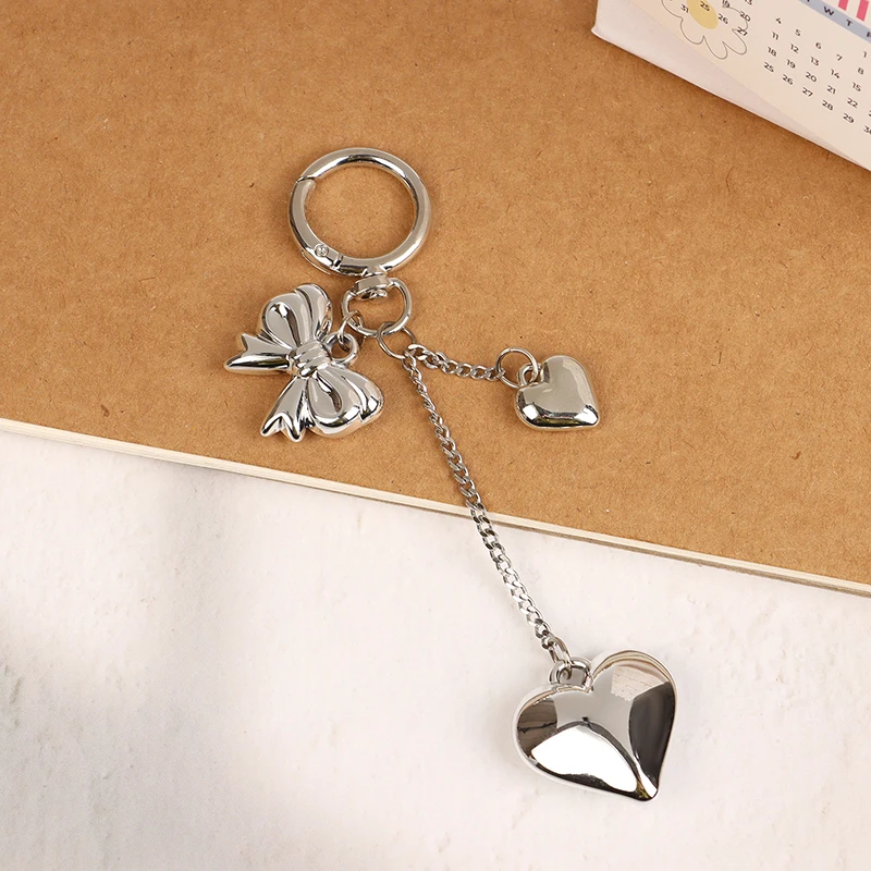 Y2K Vintage Silver Color Bowknot Heart Keychain Fashion Bow Love Keyring Bag Pendant Key Hanging Decoration For Girls Gift