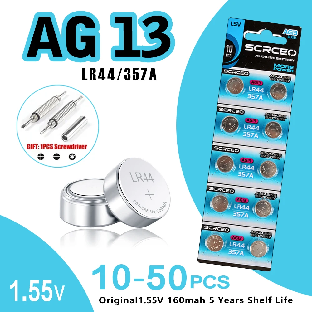 10-50PCS LR44 AG13 A76 L1154 357A SR44 1.5V Lithium Manganese Dioxide Button Battery, Suitable for Calculators, Watches