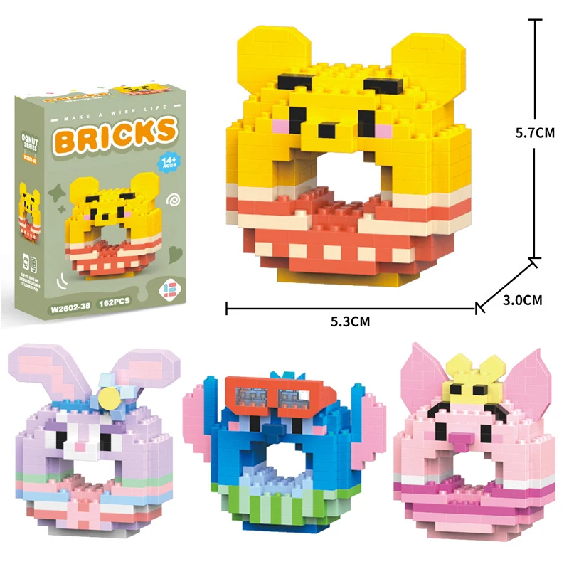 

New donut image building block Stitch Mickey Winnie the Pooh series cartoon doll children's puzzle assembly toy DIY kids gifts