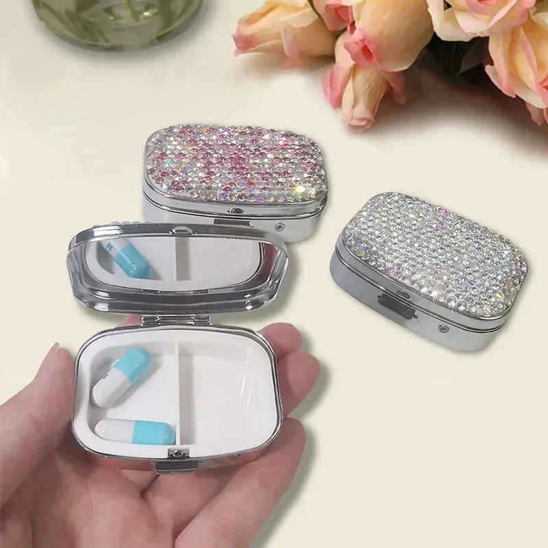 Luxury Diamond Metal Pill Box Pills Organizer Medicine Container Portable Travel Pill Case Candy Organizer Storage Box 2 Grids