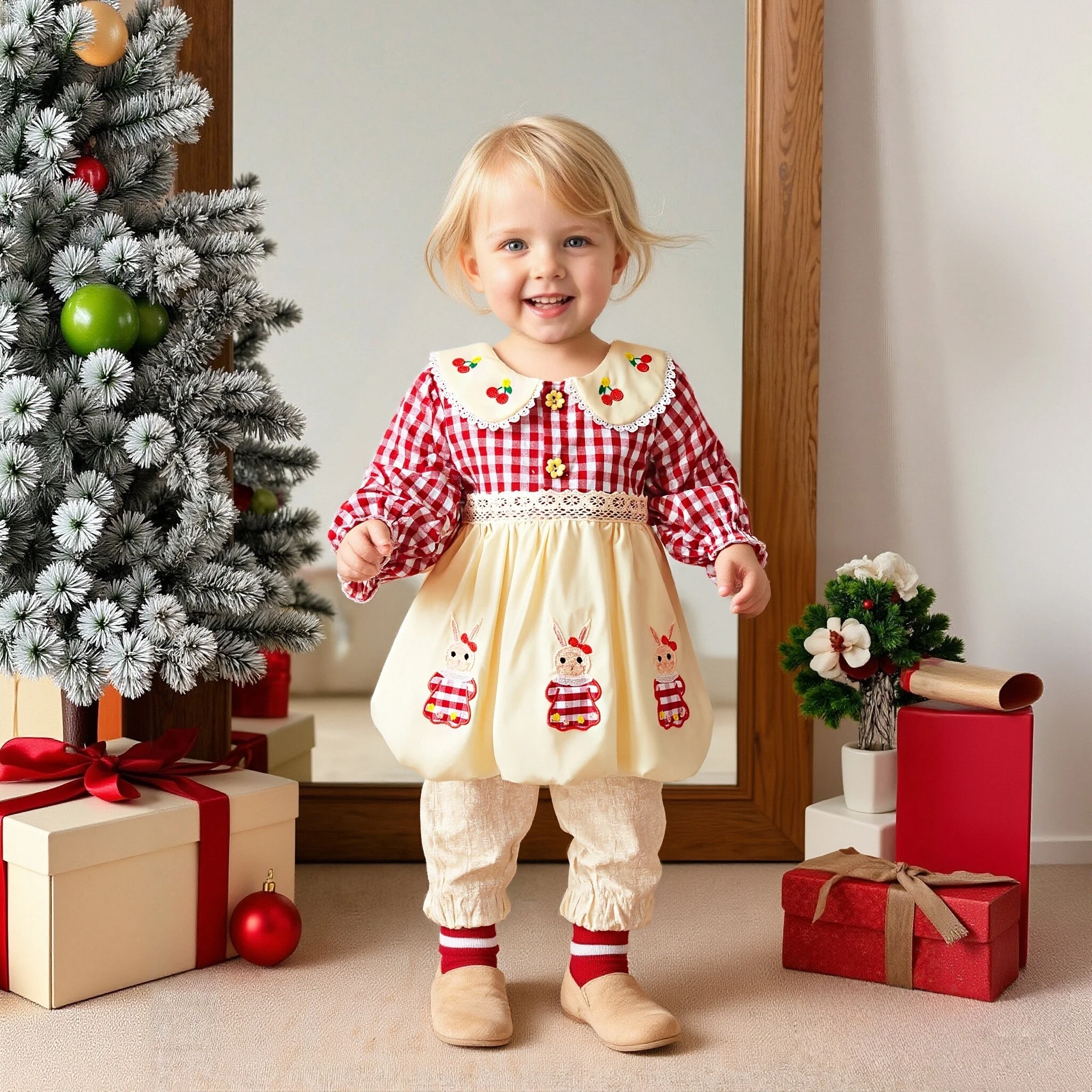 

Рождественское платье для маленьких девочек, весенне-осеннее клетчатое и мультяшный узор, кукольный вырез, милые детские платья, повседневное нежное детское платье для девочек