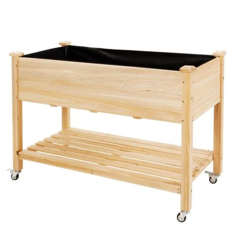 

Wood Elevated Planter Bed with Lockable Wheels Shelf and Liner