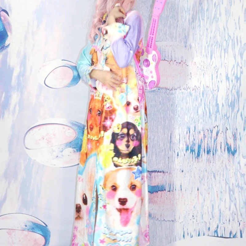 Japanese 2025 Spring Summer New Colorful Women's Long Dress Y2k Sweet Cute Cartoon Print Loose And Thin Shirt Dresses Ladies