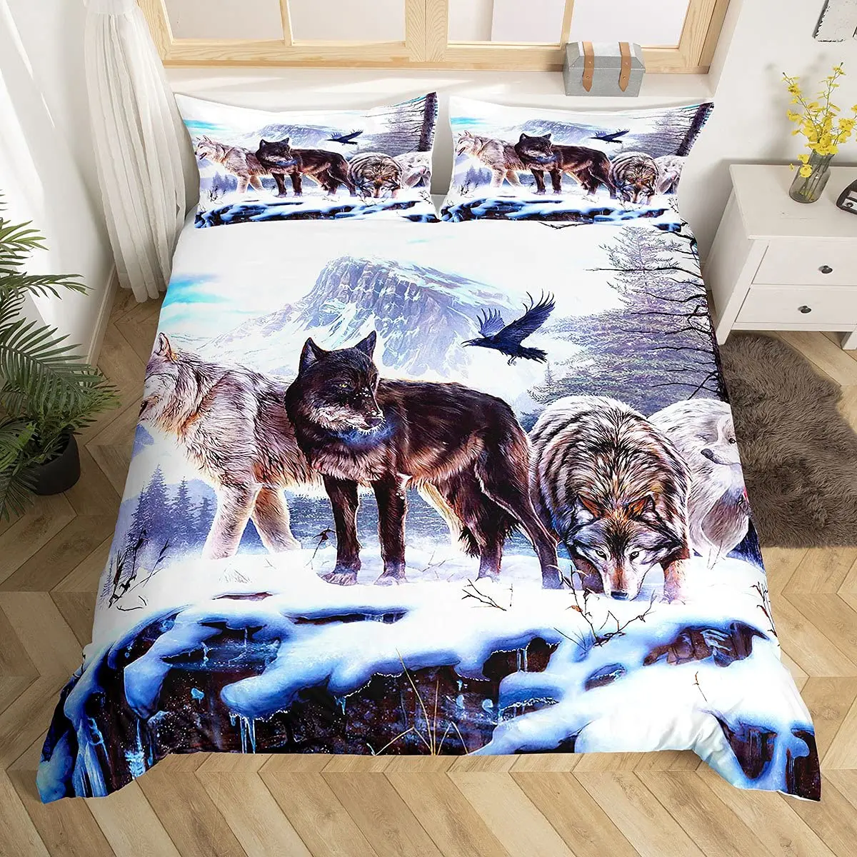 

Wolf Duvet Cover Set Queen For Kids Teens Microfiber Animal Theme Snow Wolf Pattern Quilt Cover Wild Animal Printed Bedding Set