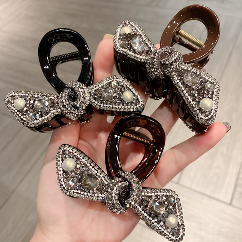 

Luxurious Korean Bling Diamond Bow Shark Clip Versatile Back Head Grab Clip Women Vintage Hair Claws Clip Headband Accessories