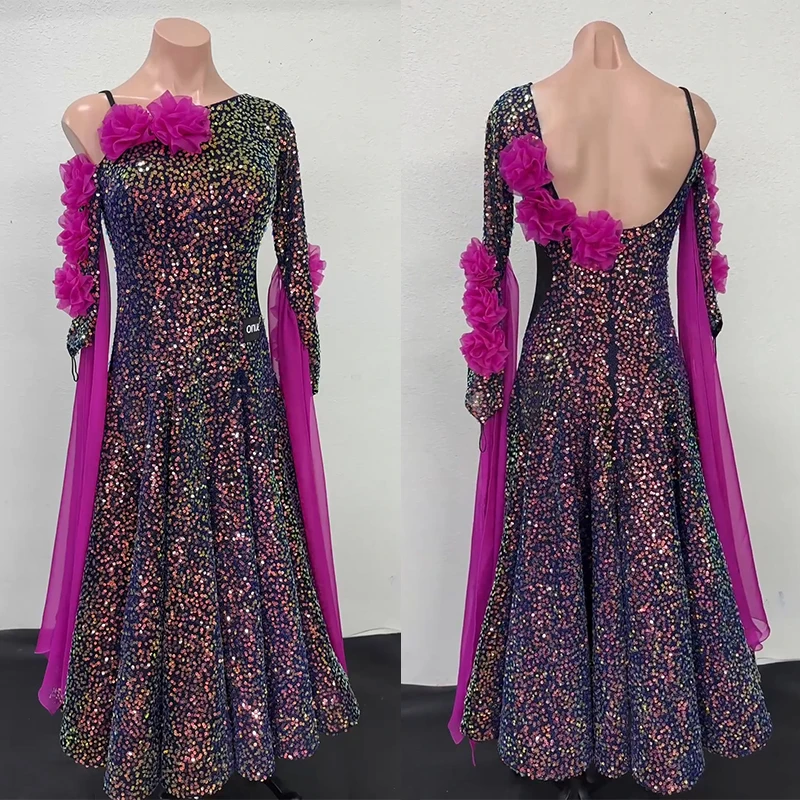Full Sequins Ballroom Dance Dress Competition Clothing Flower Backless Long Dress Waltz Dance Performance Costume Prom BL16802