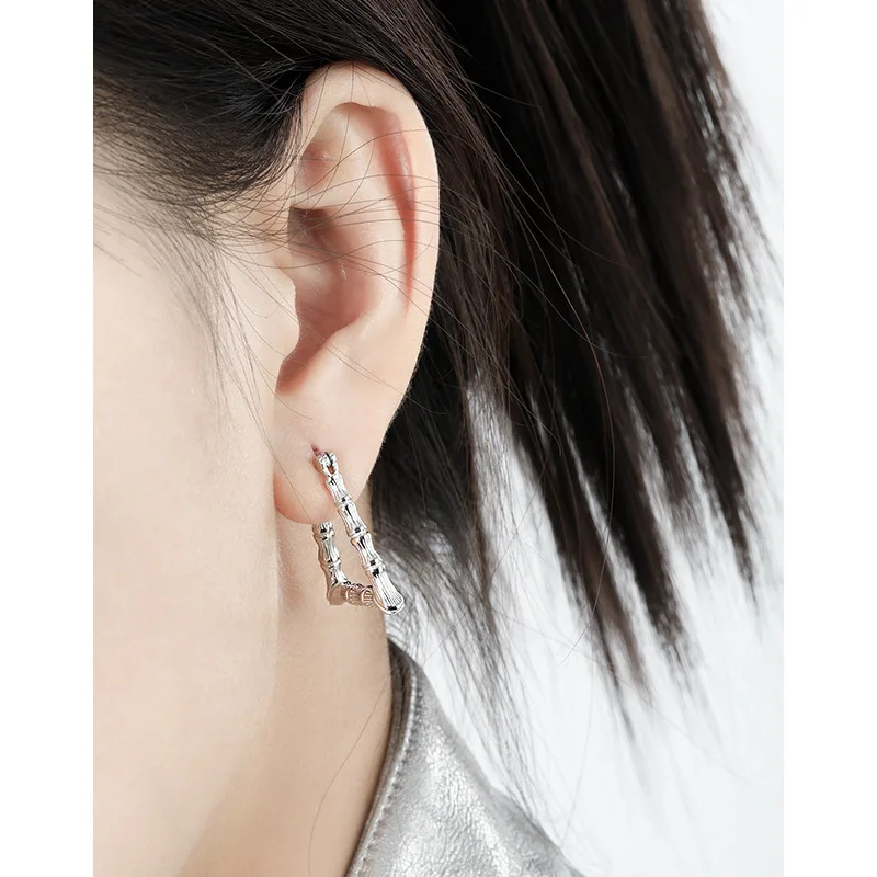 Hot Selling S925 Sterling Silver Triangular Bamboo Bone Texture Earrings for Women Party Luxury Fashion Jewelry
