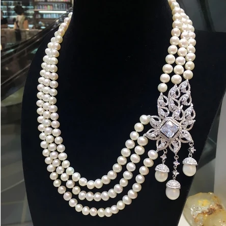 

Hand knotted natural 7-8mm white nearl round fresh water pearl temperament micro inlay zircon necklace fashion jewelry