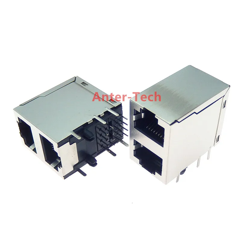 RJ45 2x1 2*1 Stack 2 Port Shielded Modular 59 PCB double layer  Jack 8P8C Right Angle Through Hole Network Connector Side Entry