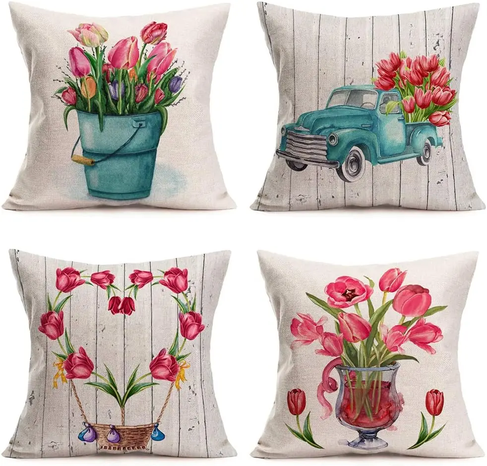 Summer Flower Tulip Pillow Cover Hot Air Balloon Bonsai Linen Square Pillowcase Sofa Home Decoration Seat Cover 45x45 CM