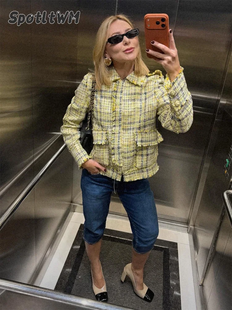Women Yellow Plaid Fringe Raw Edge Short Tweed Jacket Long Sleeve Pockets Cropped Blazer 2026 Elegant Casual Women's Outerwears