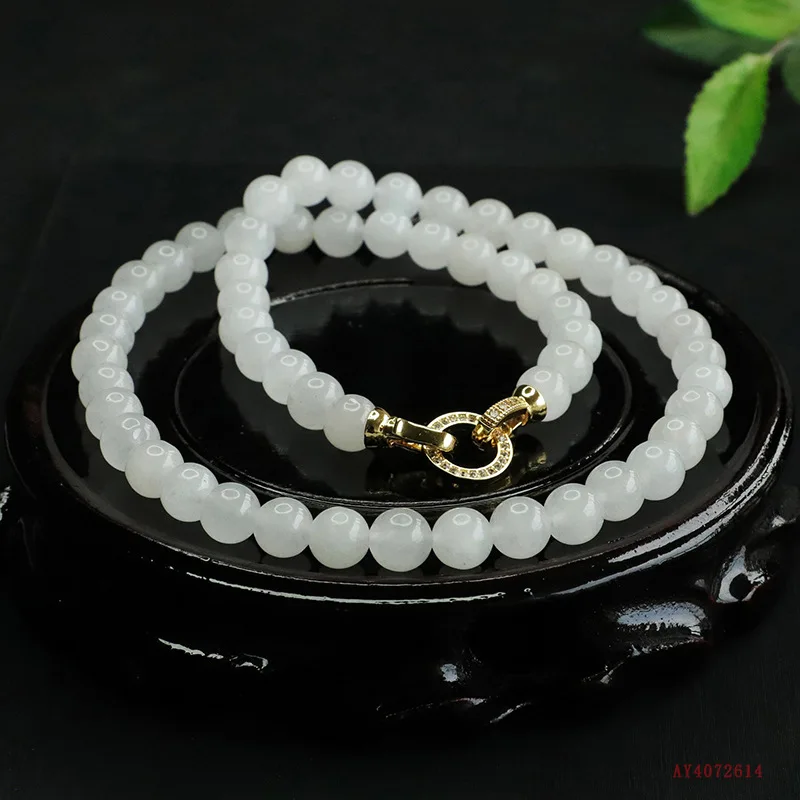 

Ожерелье из натурального золотого шелкового нефрита с круглыми нефритовыми бусинами на цепочке, национальные украшения