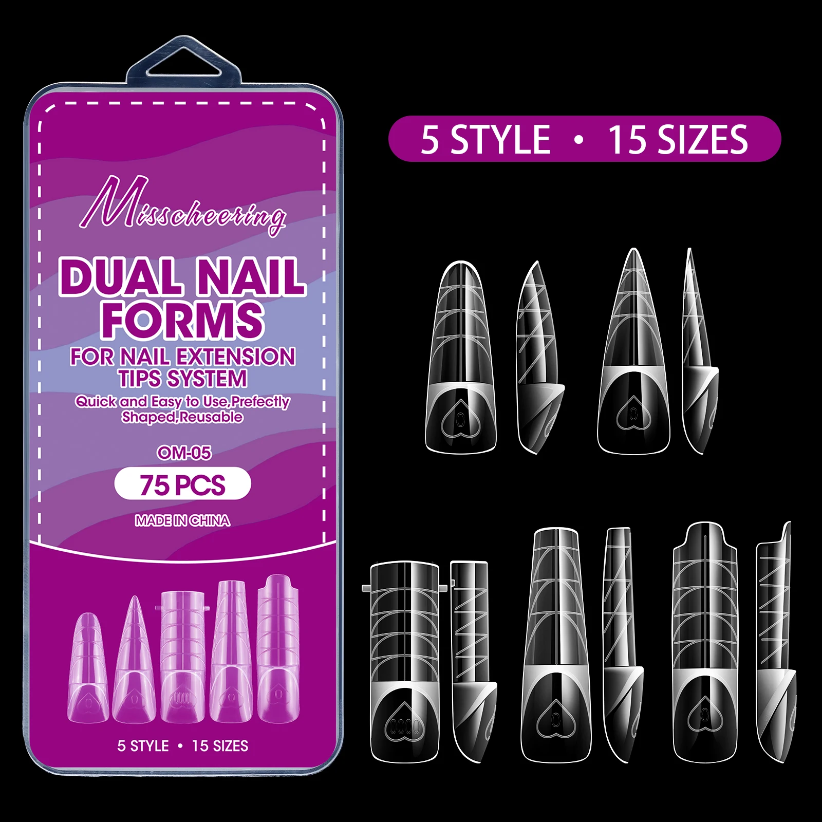 75pcs Clear Dual Forms Tips Mixed Nail Mold Sets For Poly Nail Gel Extension Building Full Cover Press On DIY Nails Top Form
