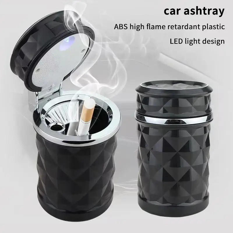 Portable Car Ashtray With LED Light Fireproof ABS Diamond Cut Design For Home Travel Use