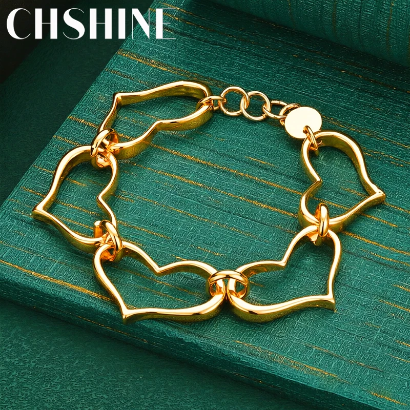 925 Sterling Silber 18K Gold Großes Hohles Herz-Armband Eleganter Modeschmuck für Frauen Hochzeit Party Geschenk