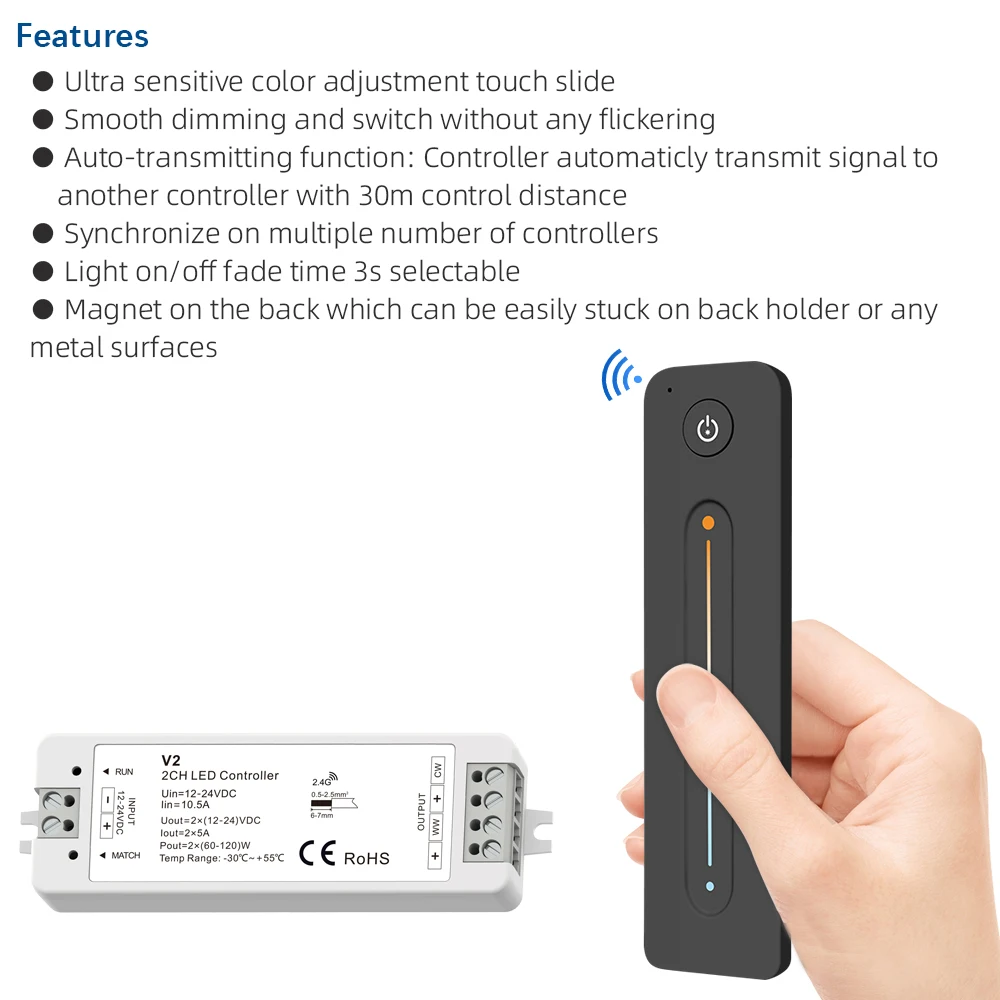 WW CW LED Controller 12V 24V 10A 2CH 2.4G Single Color CCT Light Strip LED Dimmer Controller RF Wireless Remote with Holder V2