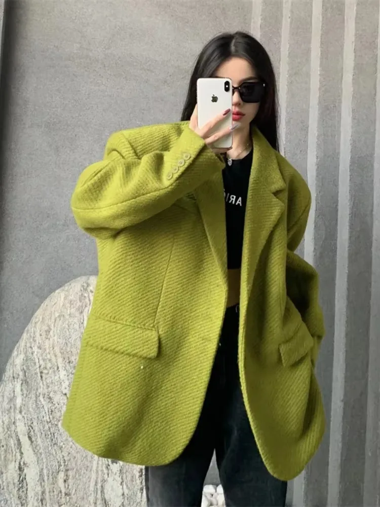 Insozkdg Mustard Green Woolen Women Jackets 2024 New Autumn Winter High-end Sense Loose Mid-length Casual Coat Women Clothing