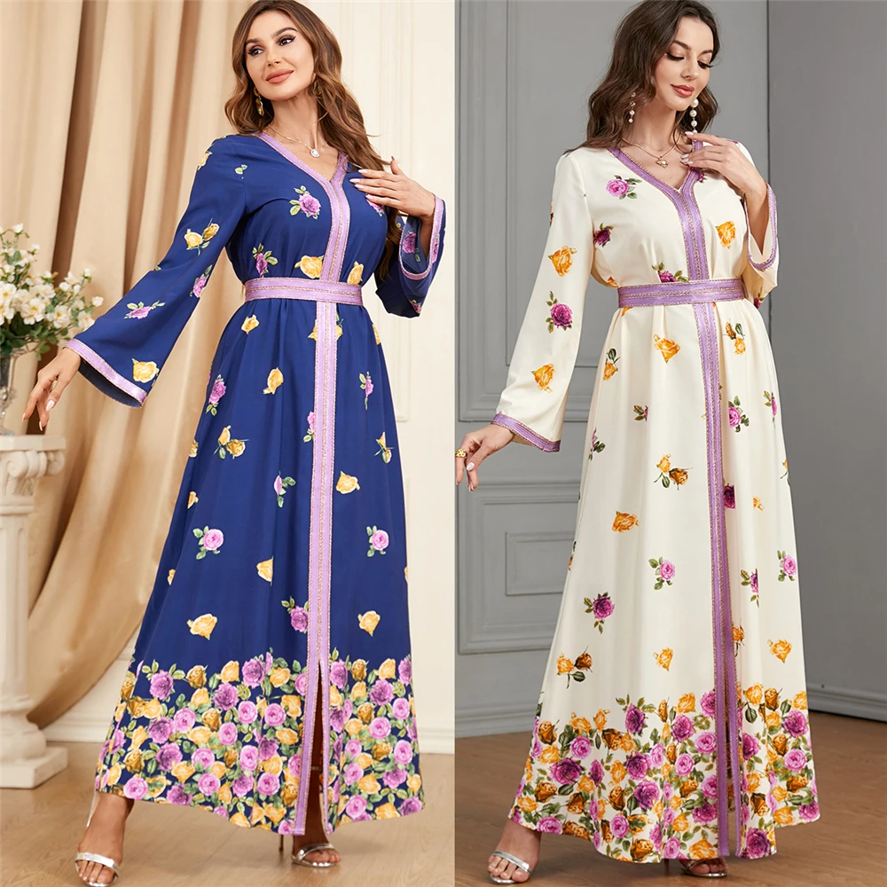 

2024 Muslim Women Floral Print Long Maxi Dress Moroccan Kaftan Belted Abaya Islamic Gulf Jalabiya Dubai Turkey Caftan Robe Gown