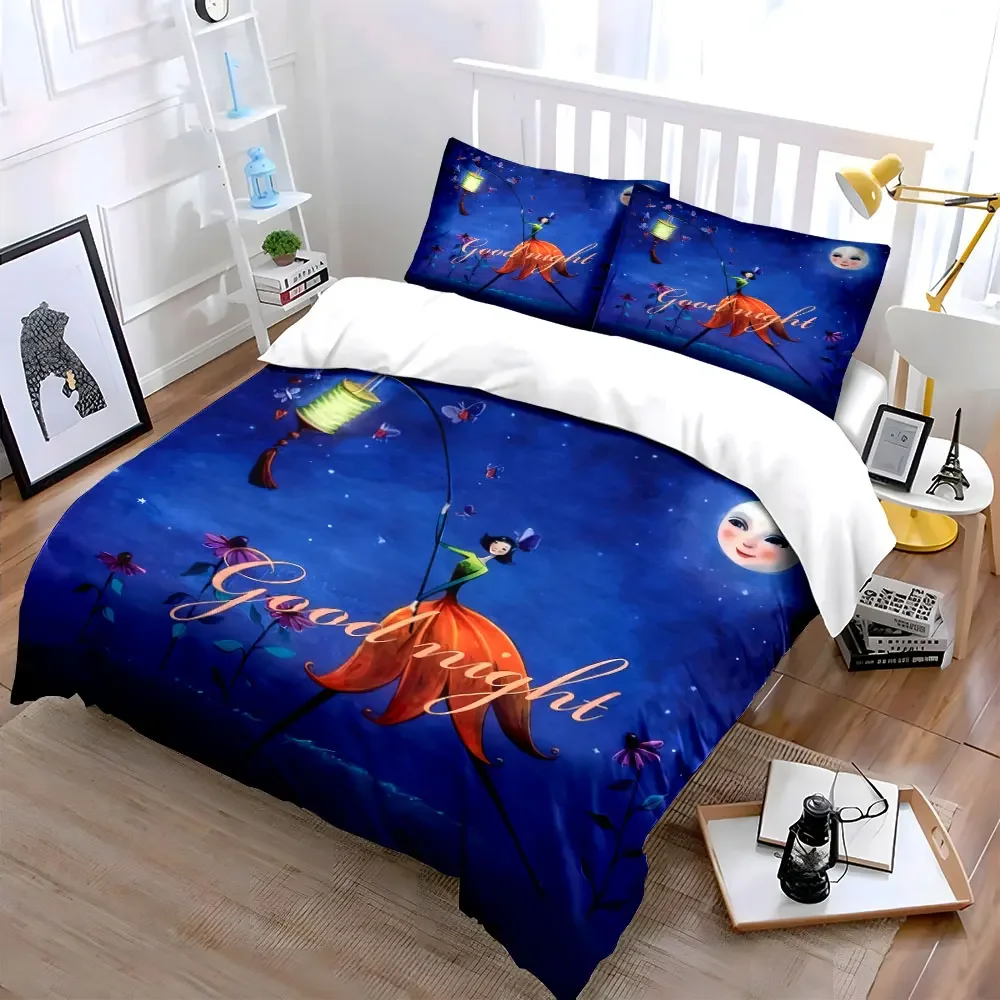 3Pcs Good Night Bedding Set, Whimsical Girl with Lantern Print Duvet Cover + 2 Pillowcases, Exquisite bedding decor gift