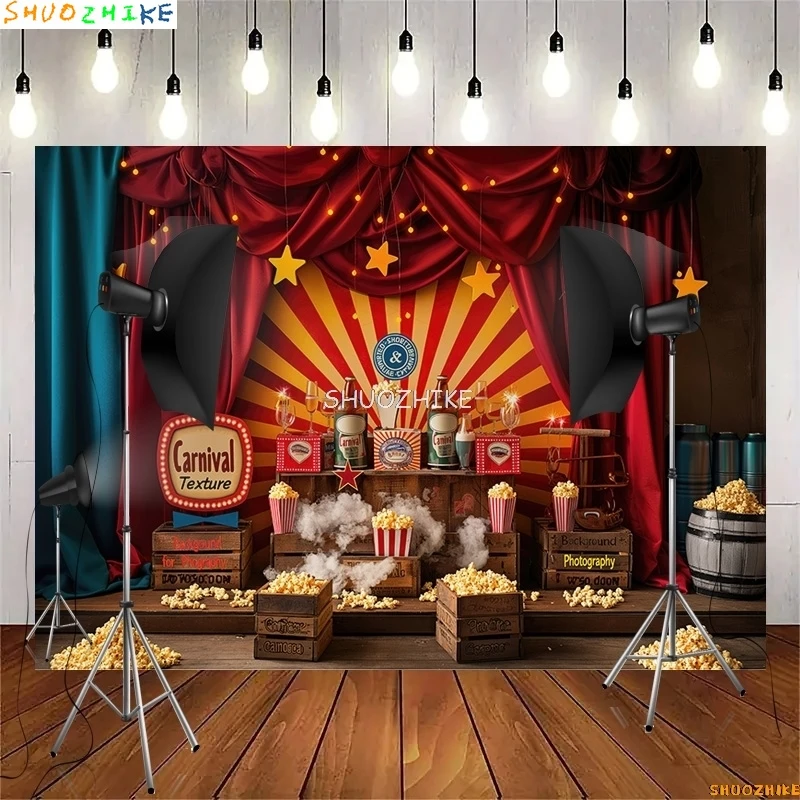Circus Tent With Striped Canopy Popcorn Photography Backdrops Balloons Birthday Party Decor Animal Photo Studio Background SD-08