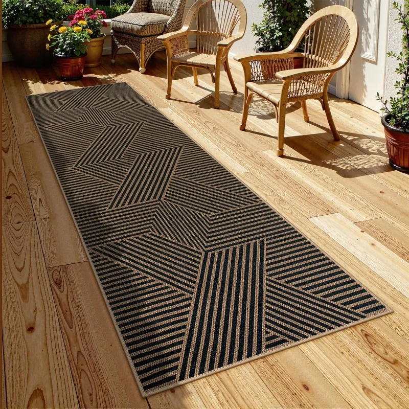 Mid Century Arch Line Runner Rug Black Gold Geometric Striped Non Slip Carpet Retro Boho Mat Hall Entry Bedroom Home Decor