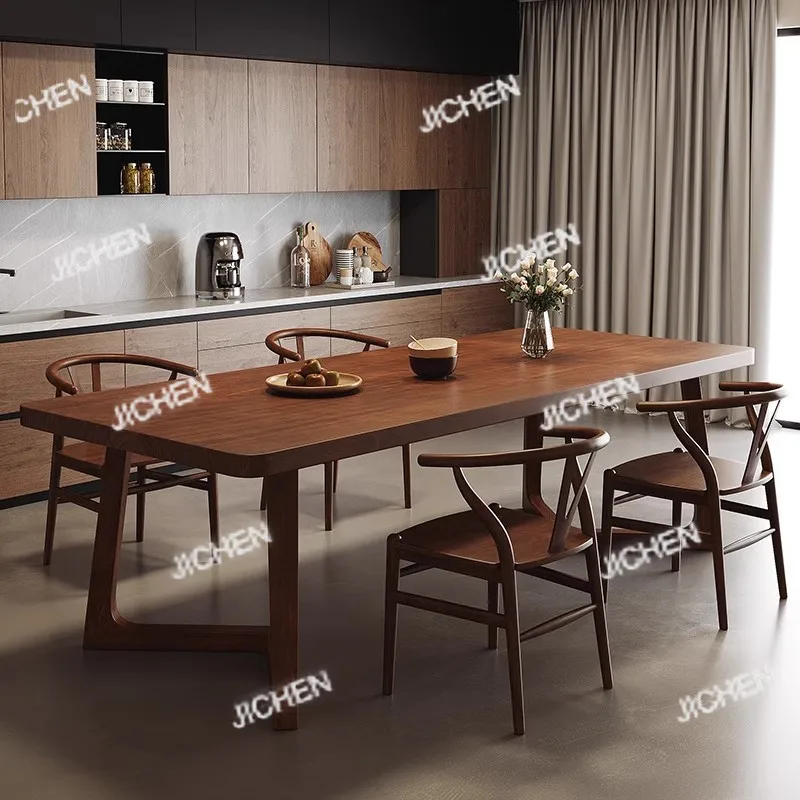 노르딕 스타일 원목 식탁 및 의자 세트 통나무 긴 테이블 작업대 가정용 식탁 책장 일체형 레스토랑