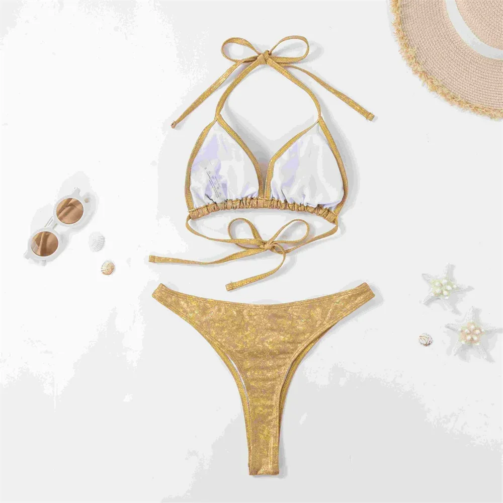 Golden Bikini Thong String Swimsuit Swimwear Women 2025 Trend Luxury Two Piece Bathing Swim Suit Brazilian Beach Vacation Outfit