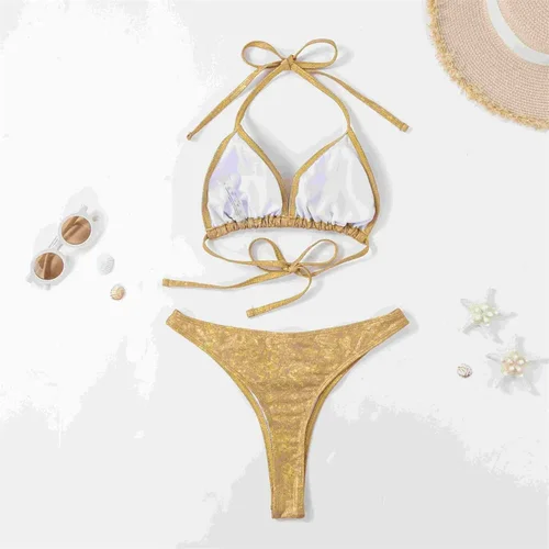 Imagen 2 del producto Bikini dorado con Tanga, traje de baño para mujer, tendencia 2021, traje de baño de dos piezas de lujo, traje de baño brasileño para vacaciones en la playa