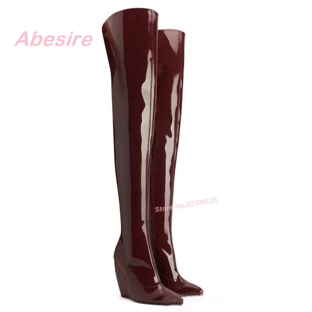 Wedges Pointy Toe Over The Knee Boots Patent Leather Side Zipper Women's Long Boots Solid Winter Casual Shoes Plus Size 46 Sexy