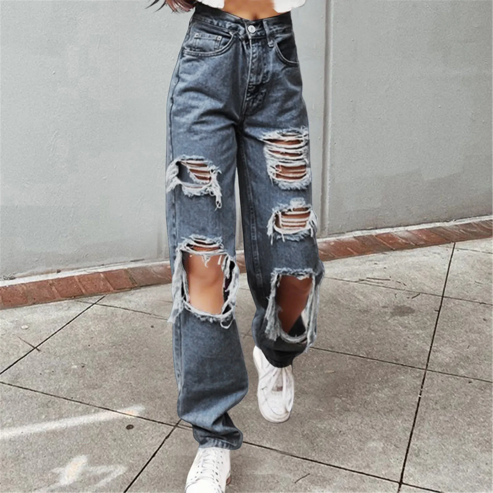 Sexy Ripped Jeans Women Jeans Streetwear Fashion Vintage Holes Denim Pants High Waisted Loose Casual Wide Leg Denim Pants