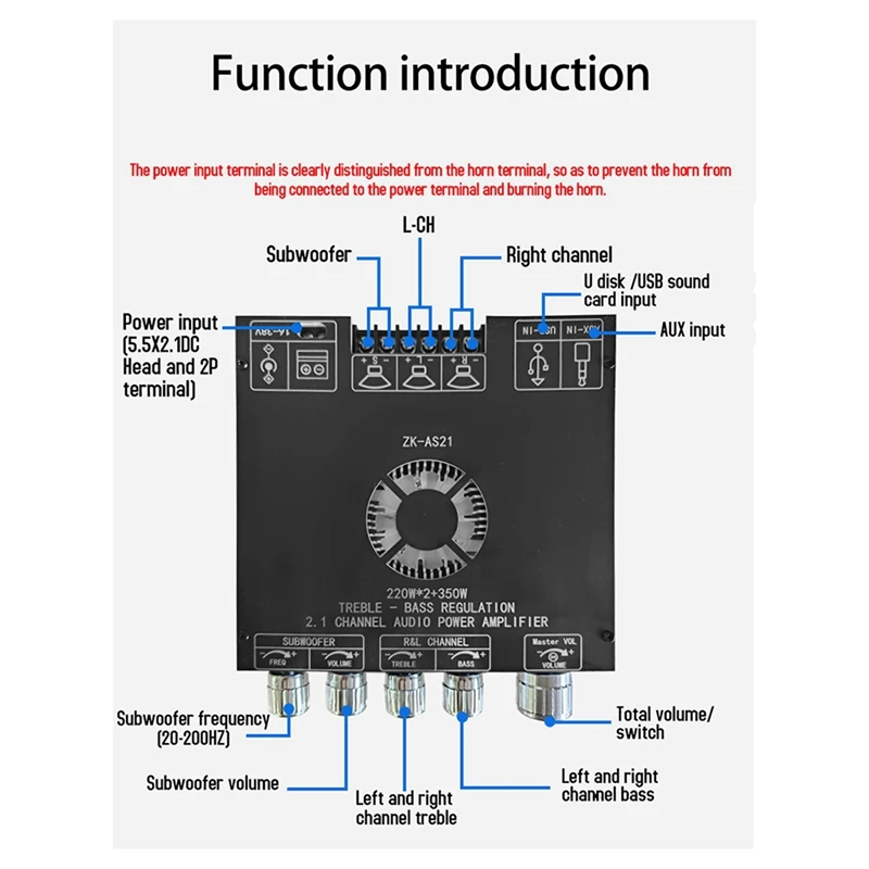 ZK-AS21 2.1 Channel TPA3255 Bluetooth Digital Power Amplifier Board Module High And Low Tone Subwoofer 220WX2+350W