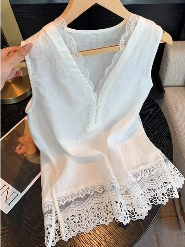 

Lace Trimmed Linen Sleeveless Top Summer plus Size Women's Fashionable Versatile Tank Top High Waist Wide Leg Pants