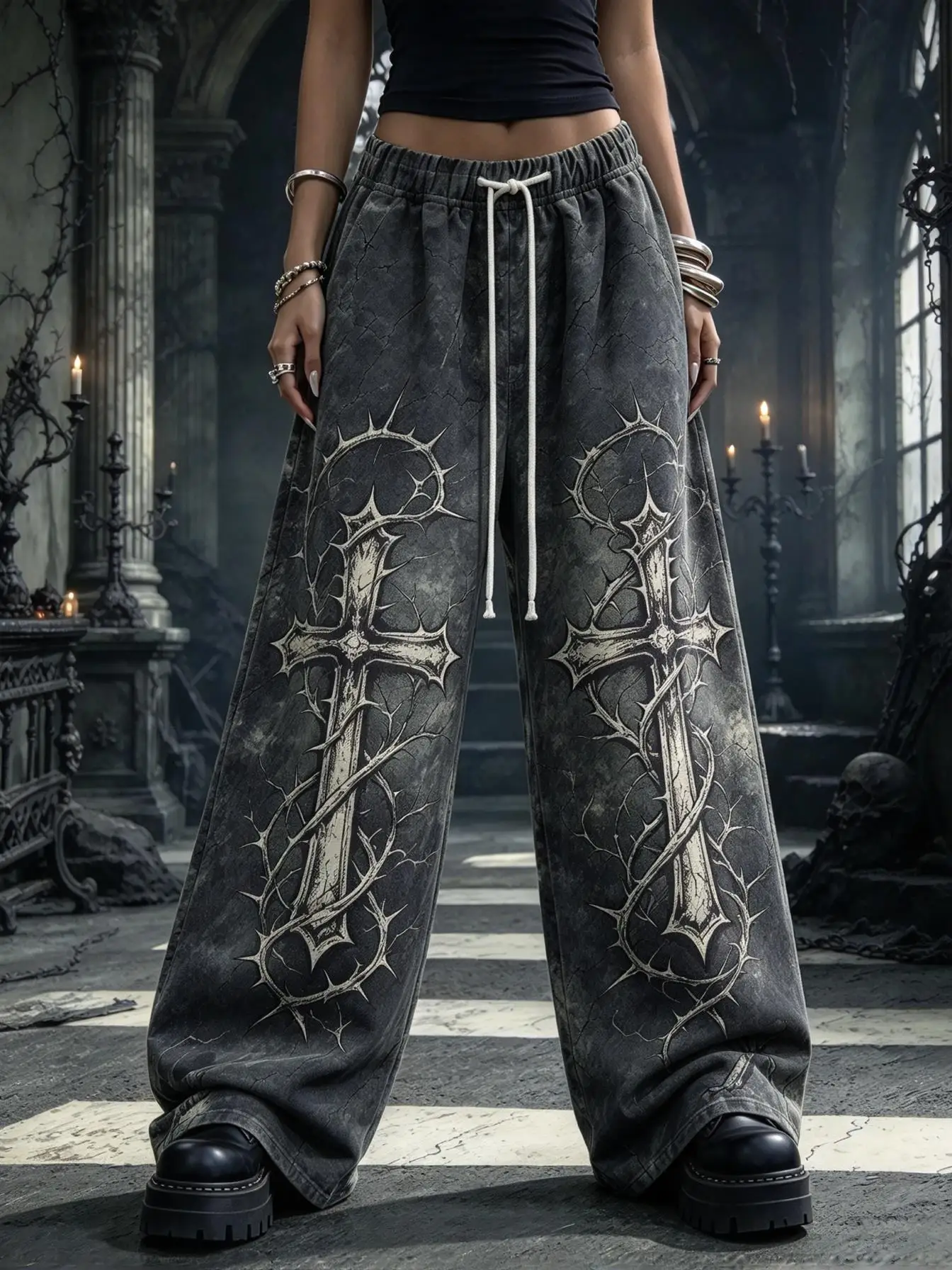Women Low Waist Wide Leg Sweatpants Gothic Skull Cross Rose Clock Print Vintage Cracked Drawstring Casual Trousers