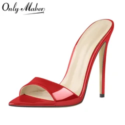 Onlymaker Women Peep Toe Mules Red Slip On Thin High Sandals Classic Big Size Sexy Stiletto Party Dress Sandals Heel