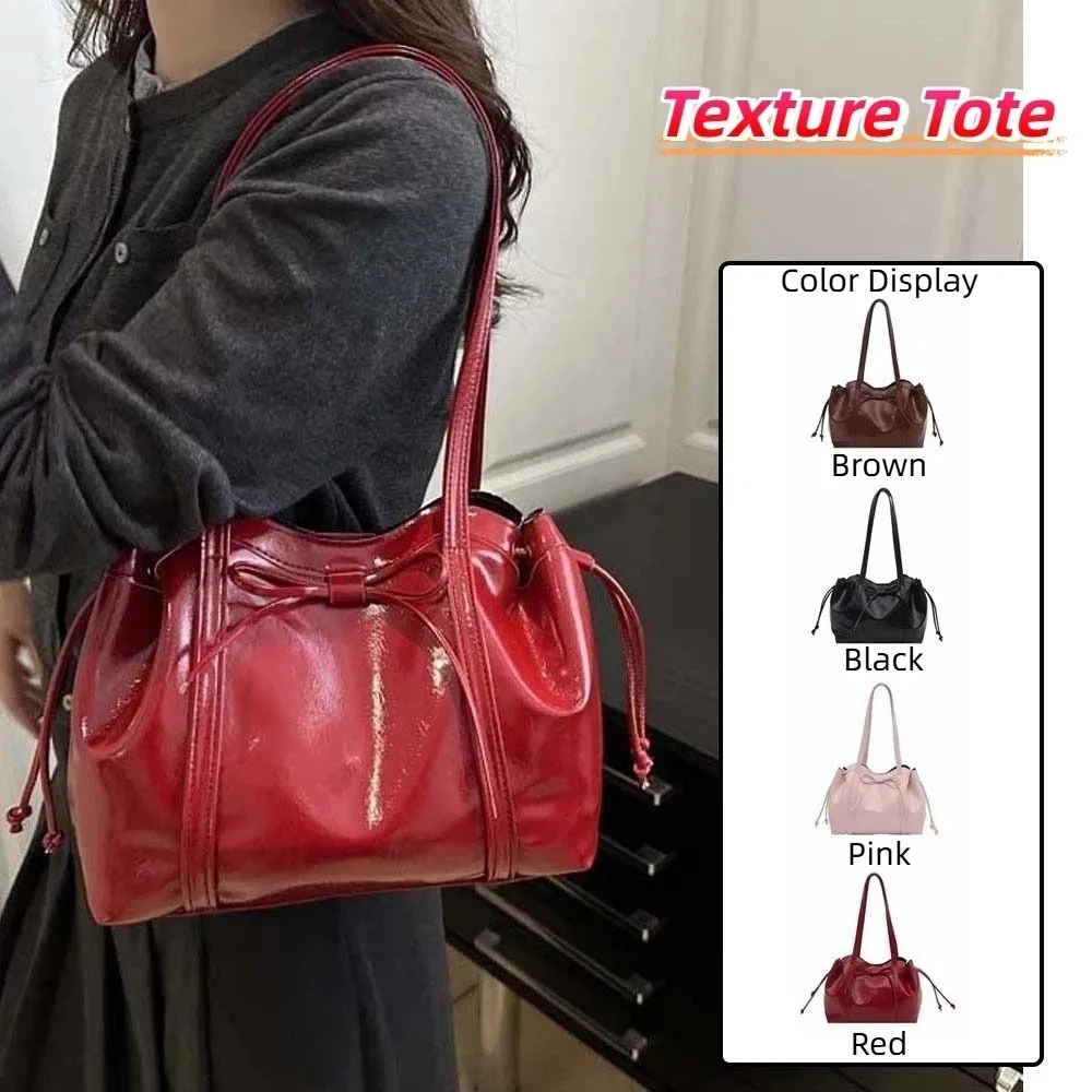 Solid Color Texture Tote Bag Ribbon Magnetic Button Bow PU Shoulder Bag Waterproof Large Capacity Lady Underarm Pouch Daily