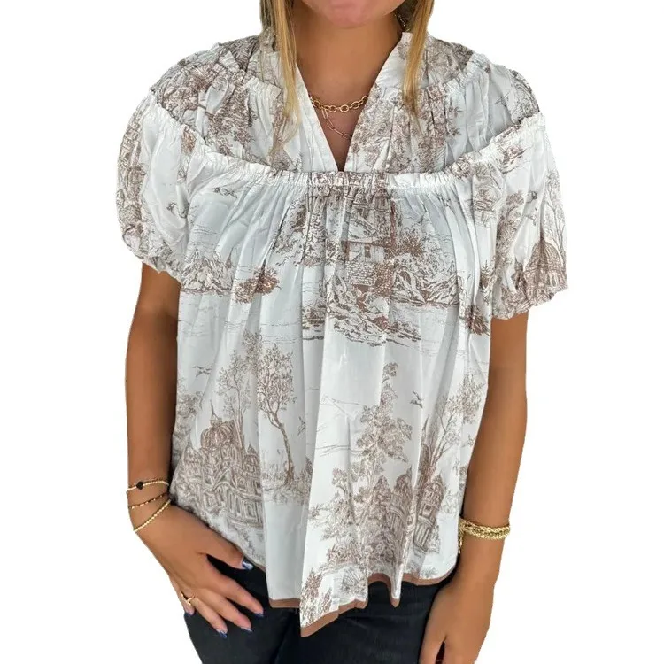 

2025 New Fashion Printed Puff Sleeve Short-sleeved Shirt Women In Summer Casual Loose V-pleated Vintage Top For Women