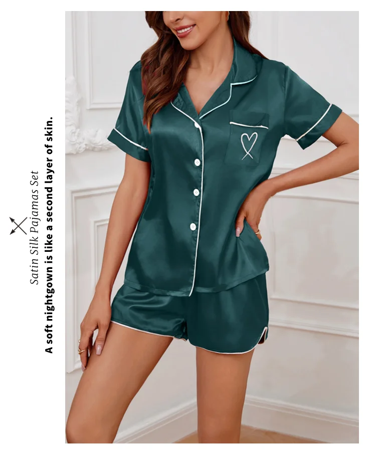Luxus Satin Seide Damen Pyjama Set Kurzarm Nachtwäsche Freizeit Home Kleidung Nachtwäsche Bequeme Pyjamas für Frauen Pj Set – Detail 15