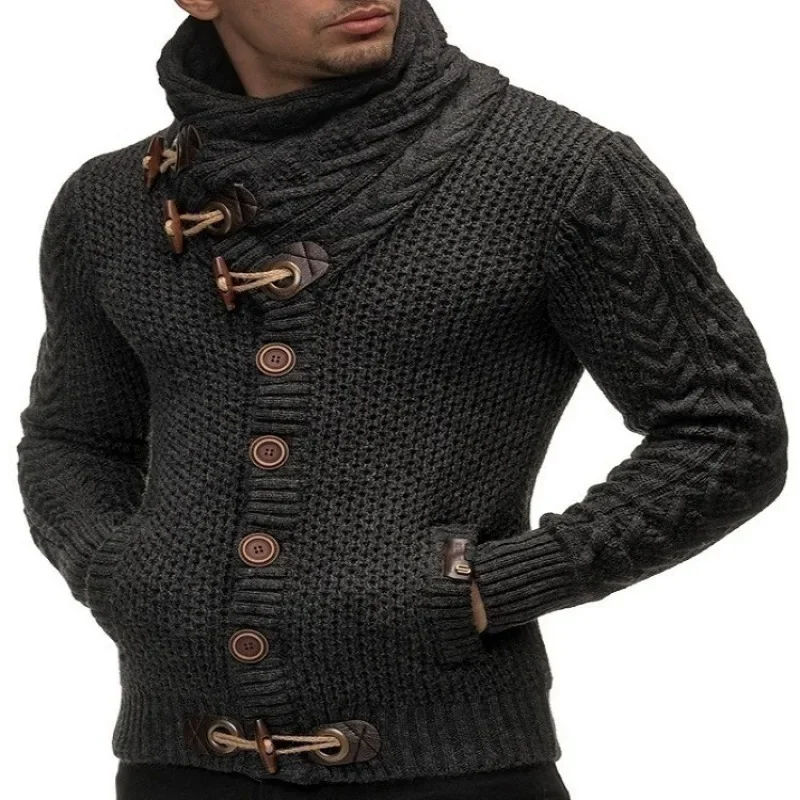 Men's Slim Fit High Neck Single Breasted Cardigan with Long Sleeves and Knitted Sweater for Autumn and Winter