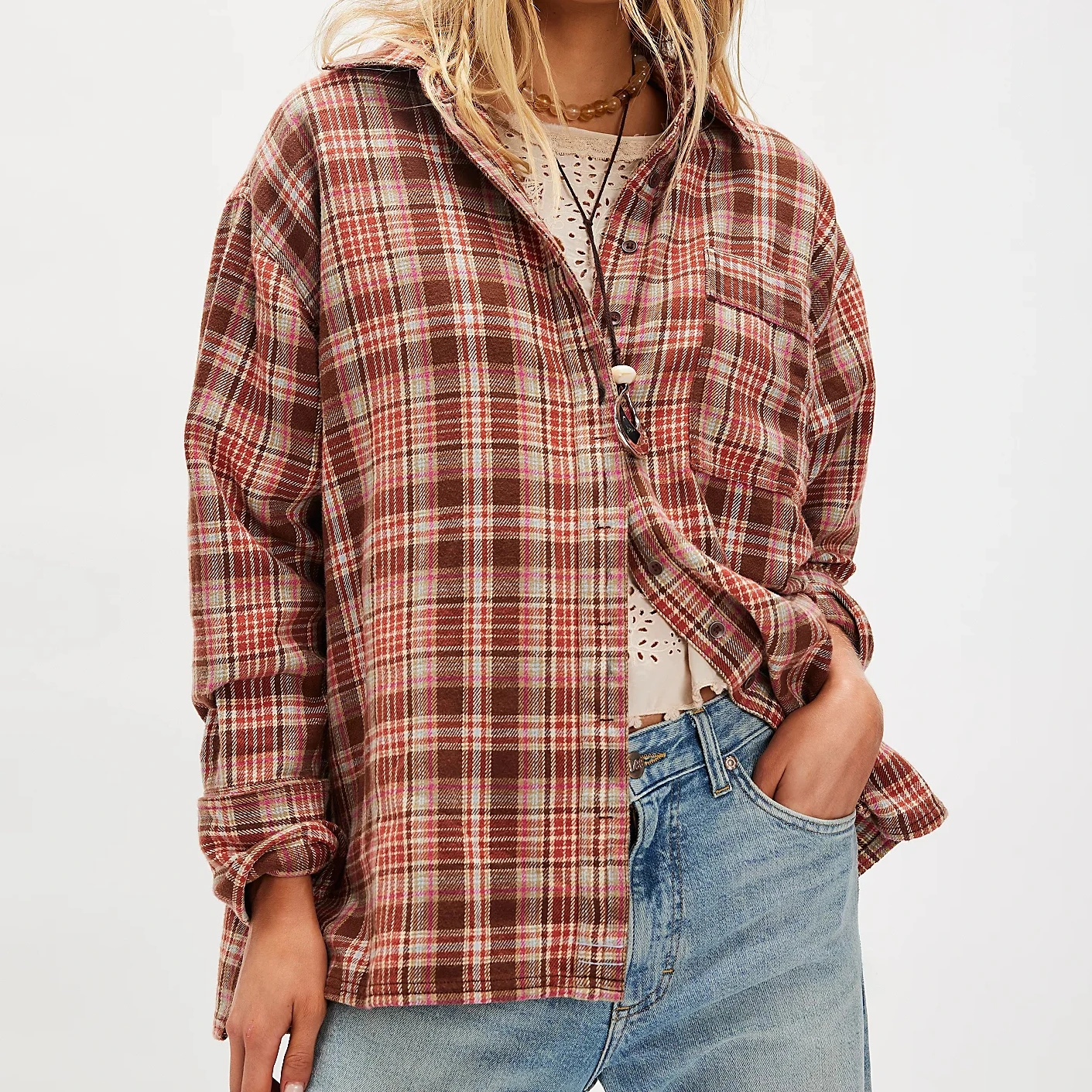 

Vintage Women Plaid Shirts Casual Loose Long Sleeve Button-up Collared Tops Stylish Fall Streetwear Alternative Clothes