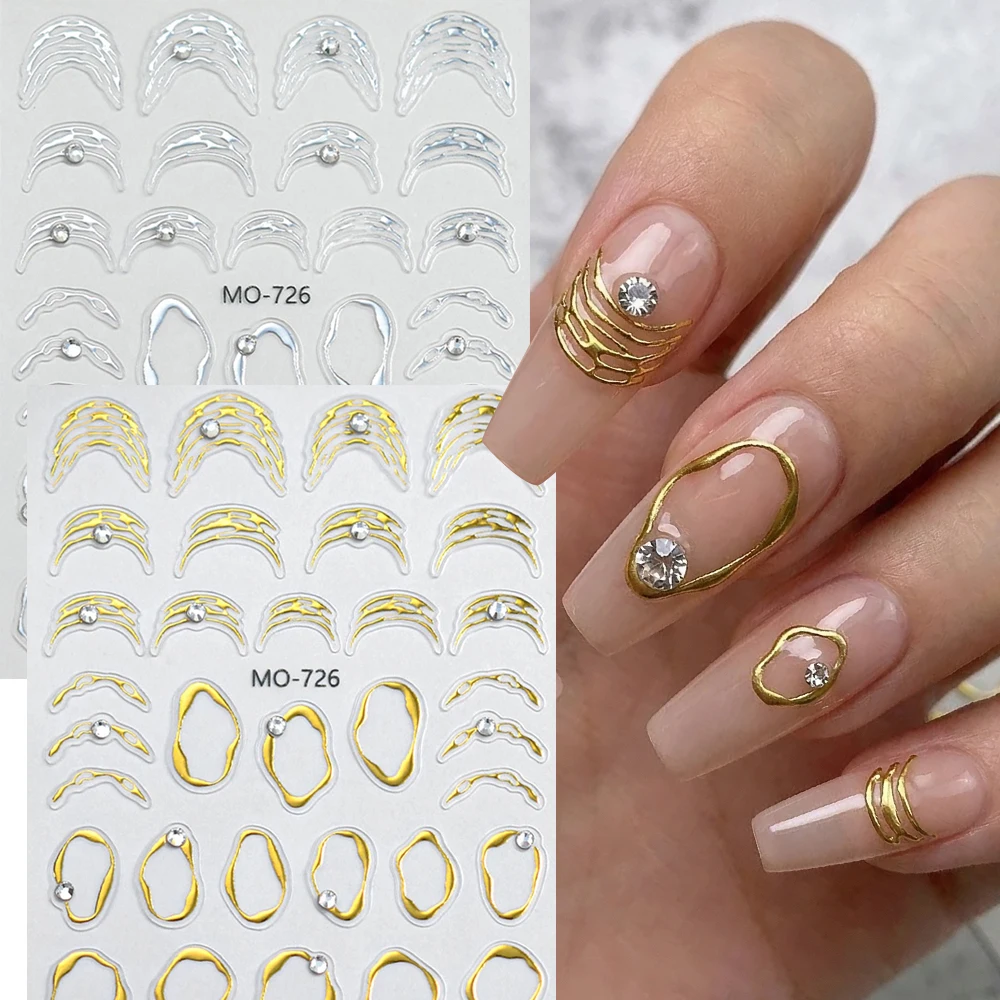 1-2 Stück Gold-Silber-Rahmenlinien 3D-Nagelkunst-Aufkleber mit Strass, metallisch geprägte französische geschwungene Linien, Nagelaufkleber-Dekoration