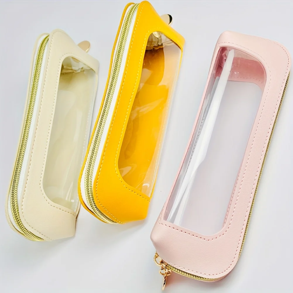 Bolsa de maquiagem portátil com janela transparente, material tpu, bolsa cosmética com zíper para batom/escova/caneta, viagem leve