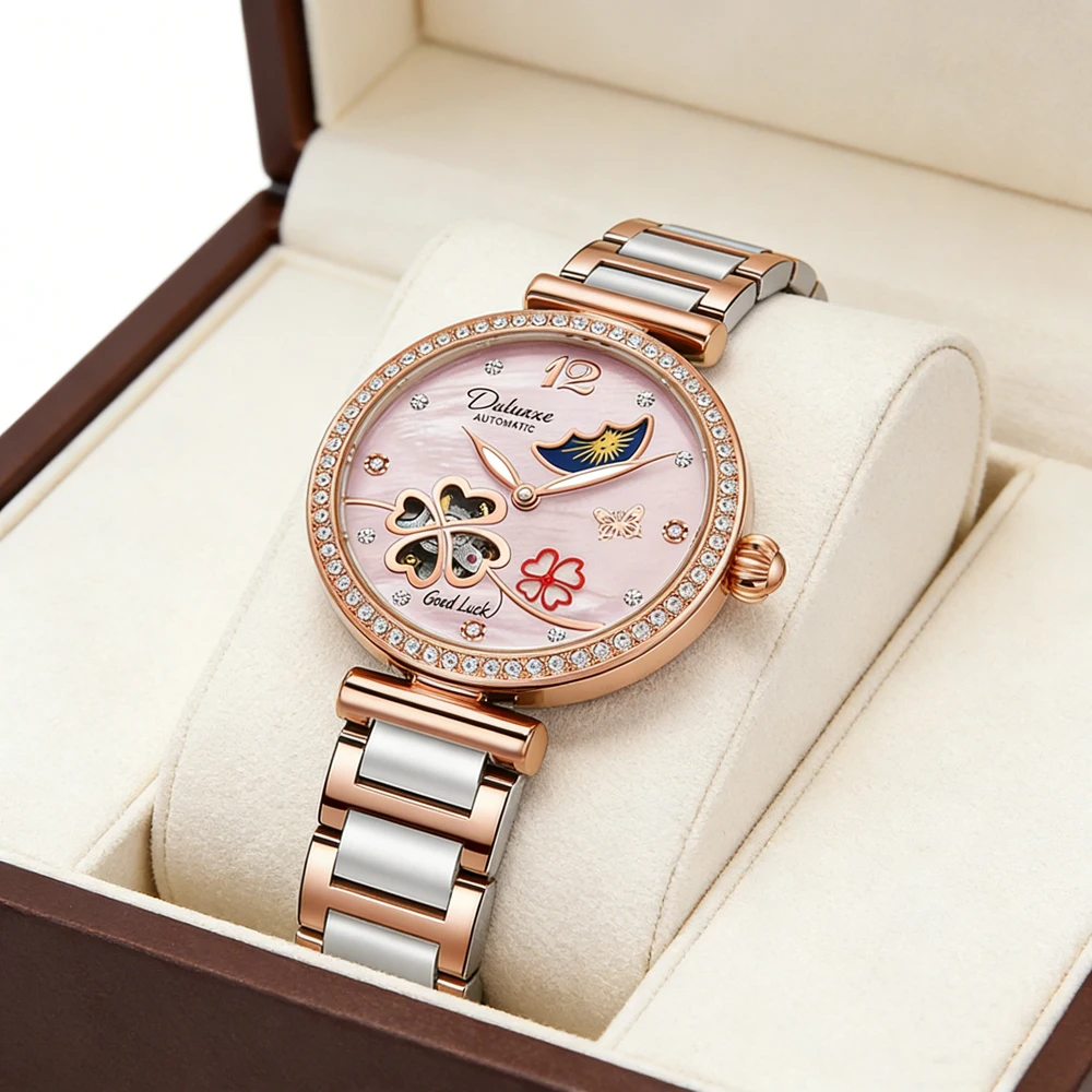2026 New Luxury Ceramics Mechanical Watch Women Fashion Classic Clover Automatic Watches Women's Skeleton Elegant Ladies Watches