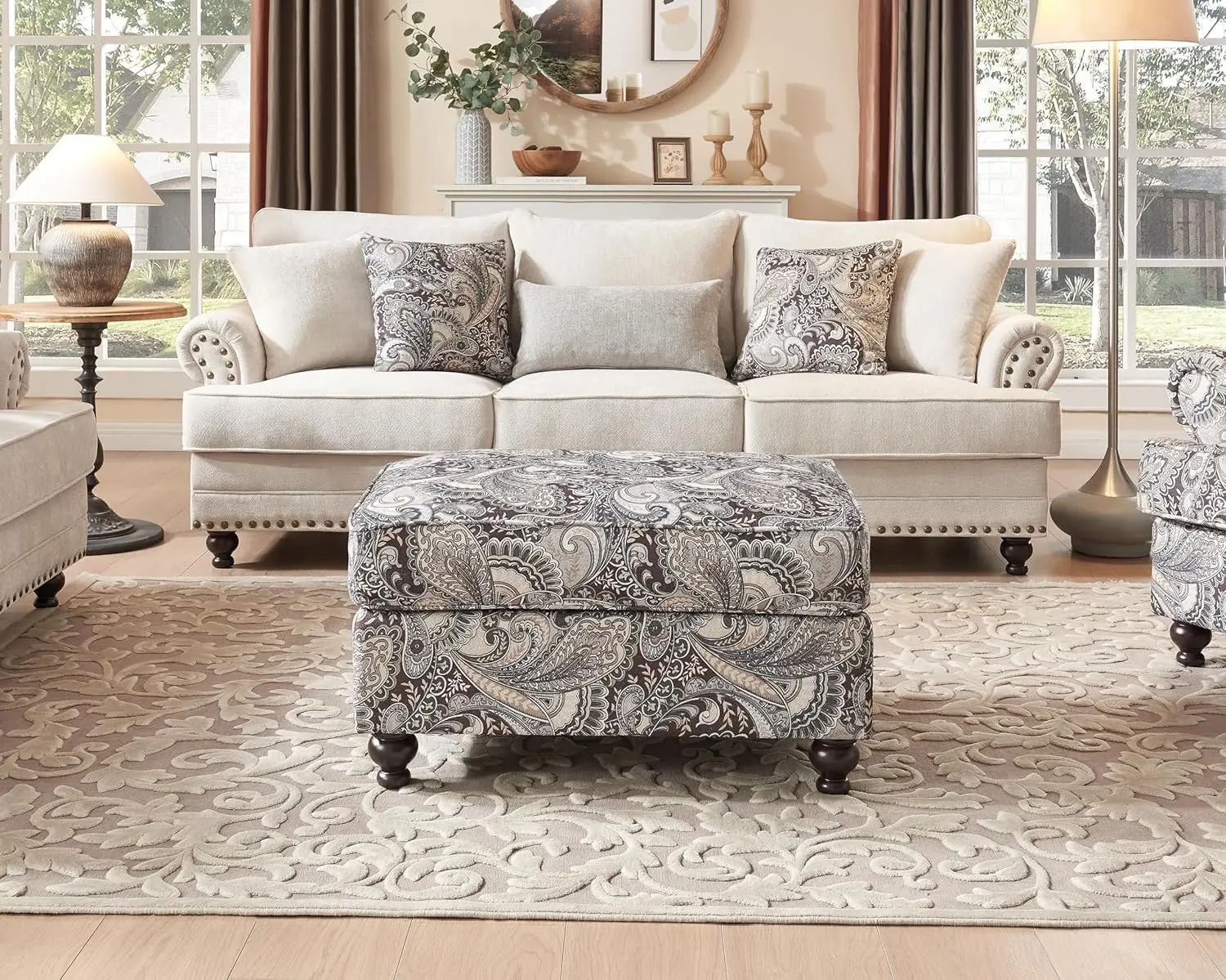 #Upholstered Foot Stool Ottoman, Foot Rest with Wooden Legs, Mid-Century Floral Paisley Pattern Footstool Ottomans, Customized