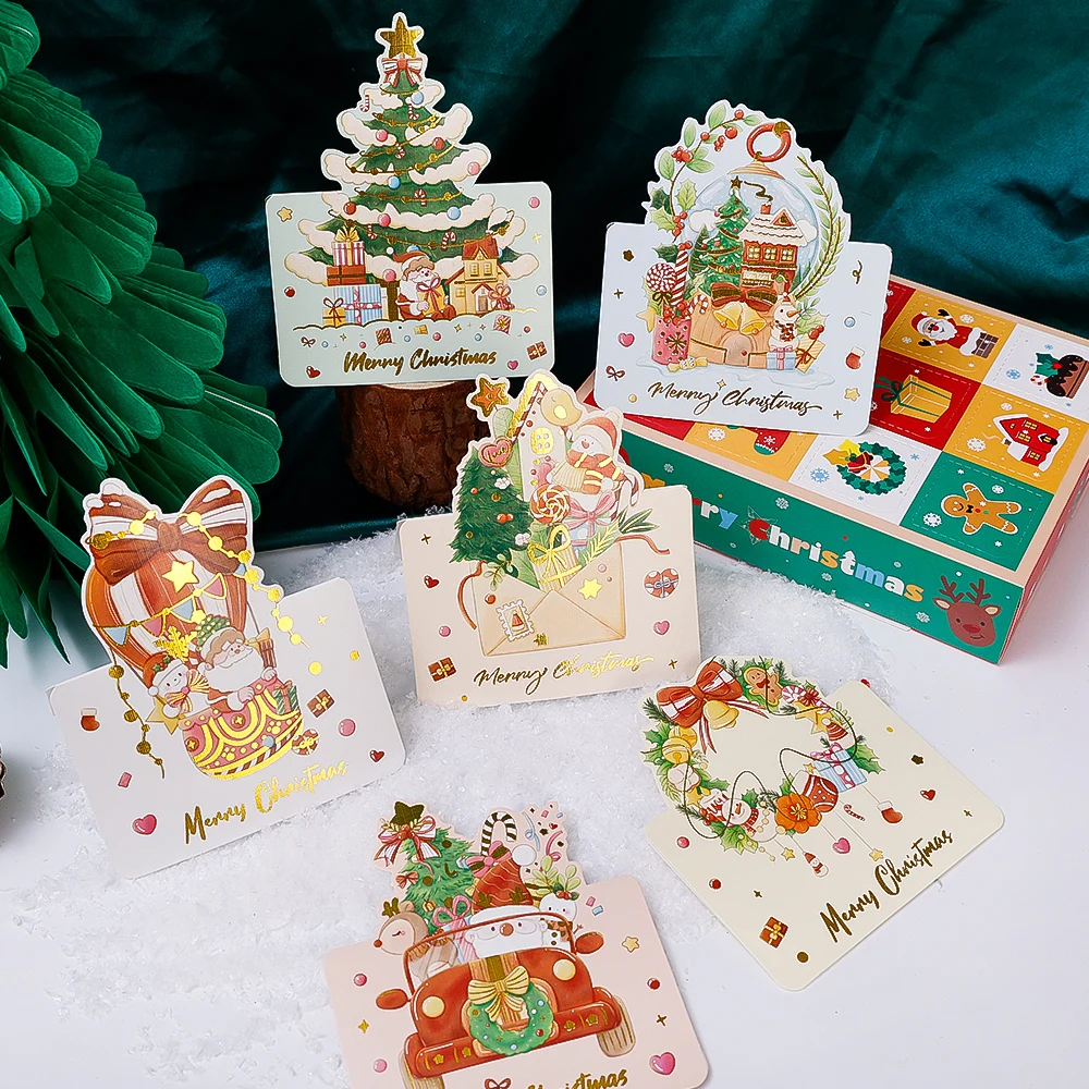 100-1Pcs Christmas Greeting Cards Foldable Postcards New Year Party Bronzing Winter Gifts Paper Cards Home Envelope Decorations