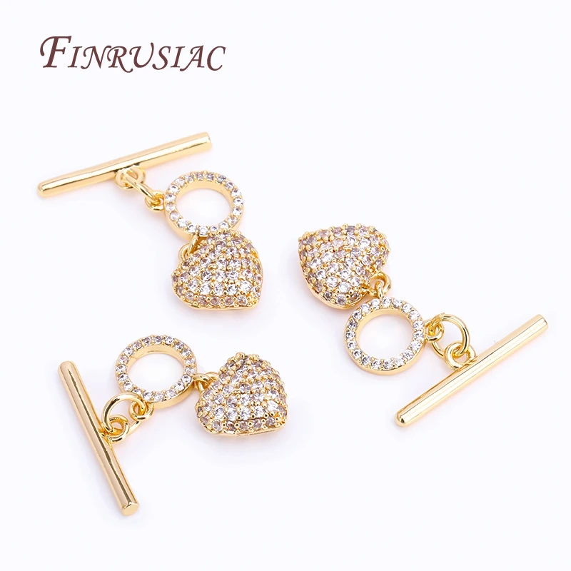 18K Real Gold Plated Heart Shape Toggle Clasp For Jewelry Making,Inlaid Zircon OT Clasp High Quality DIY Jewellery Accessories