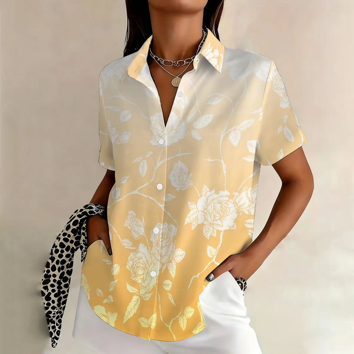 

Women's summer plus-size short-sleeve shirt, elegant floral gradient design, suitable for workplace, casual and outdoor wear