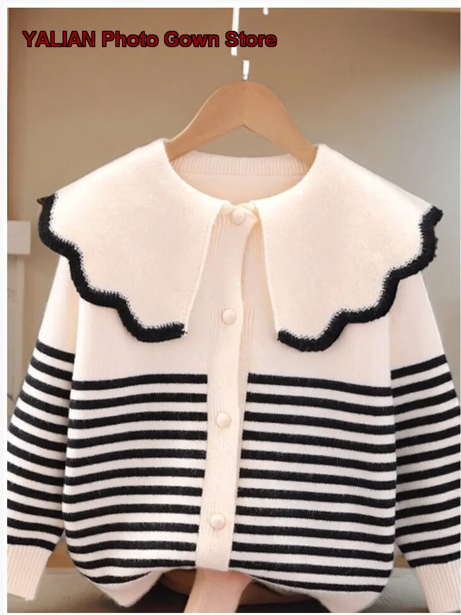 Girls Striped Spring Autumn Knit Shirt Older Kids College Style Outerwear